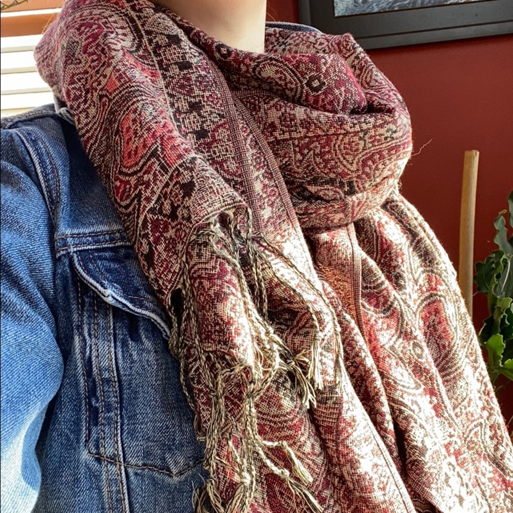 Long scarf, reds, pinks, black, silver
